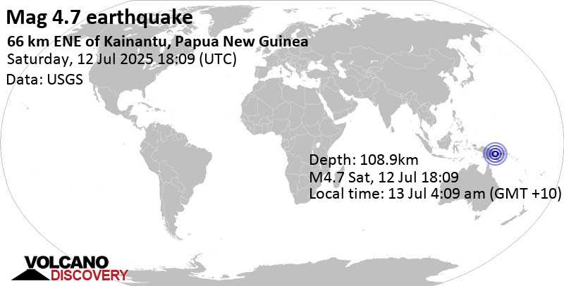 4.7 quake 105 km southeast of Madang, Madang Province, Papua New Guinea, Jul 13, 2025 04:09 am (Port Moresby time)