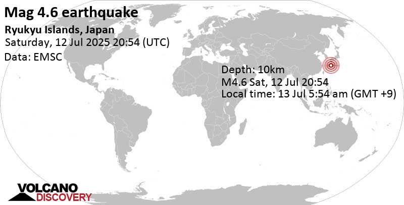 4.6 quake East China Sea, Kagoshima-ken, 41 km southwest of Suwanose-jima Island, Japan, Jul 13, 2025 05:54 am (GMT +9)