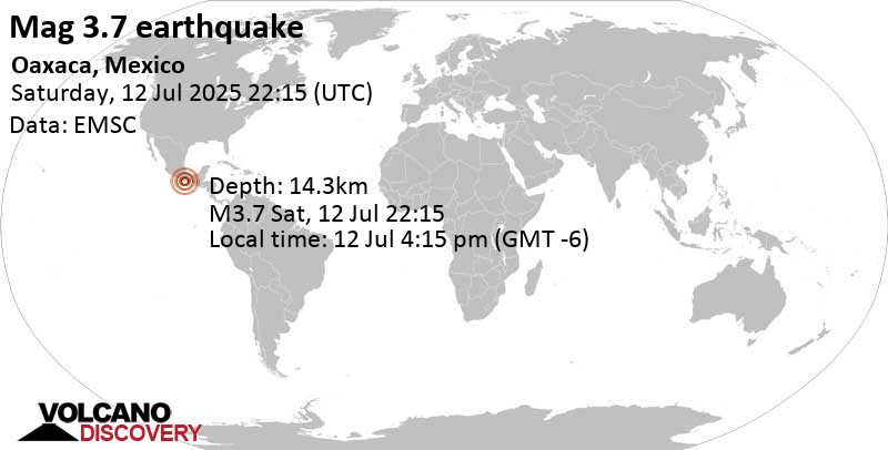 3.7 quake 47 km east of Puerto Escondido, Estado de Oaxaca, Mexico, Jul 12, 2025 04:15 pm (GMT -6)