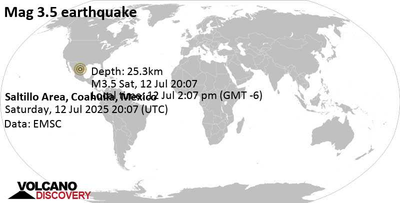 3.5 quake 11 km northeast of Saltillo, Estado de Coahuila de Zaragoza, Mexico, Jul 12, 2025 02:07 pm (GMT -6)