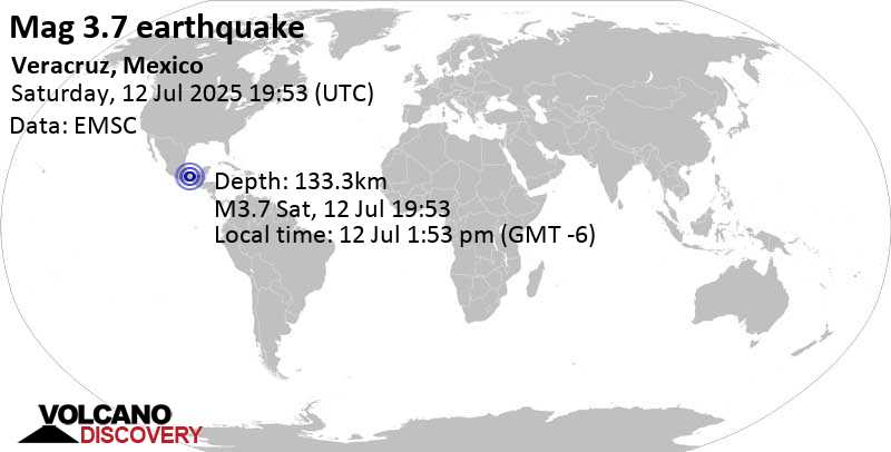 3.7 quake 59 km south of Minatitlán, Estado de Veracruz-Llave, Mexico, Jul 12, 2025 01:53 pm (GMT -6)