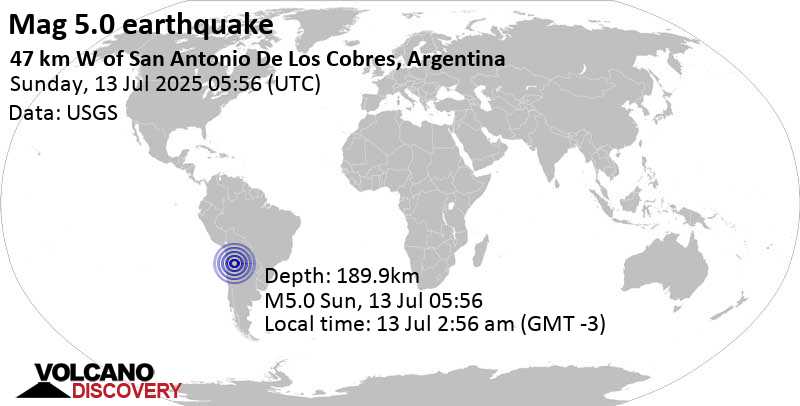 5.0 quake 47 km west of San Antonio de los Cobres, Departamento de Los Andes, Salta Province, Argentina, Jul 13, 2025 02:56 am (GMT -3)
