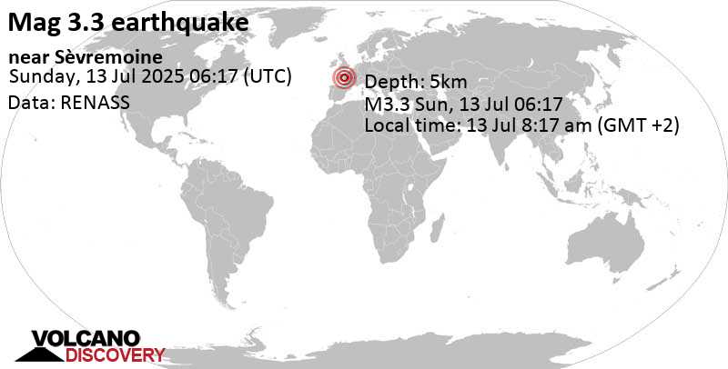 3.2 quake 33 km northeast of La Roche-sur-Yon, Vendée, Pays de la Loire, France, Jul 13, 2025 08:17 am (GMT +2)