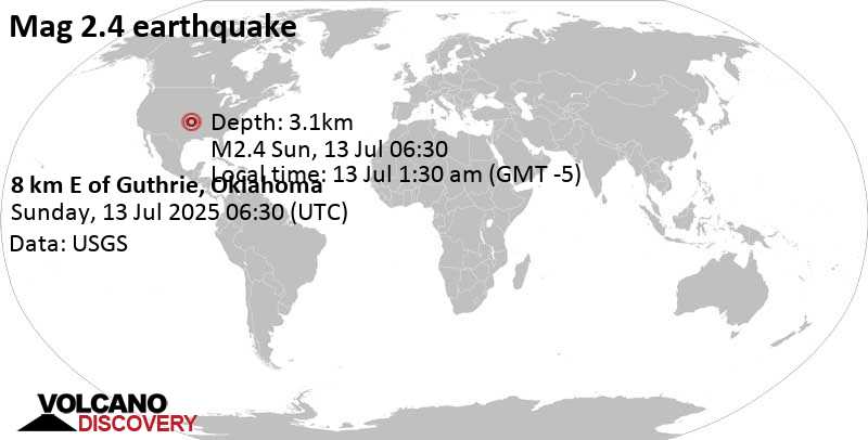 2.4 quake Logan County, 18 mi northeast of Edmond, Oklahoma County, Oklahoma, United States, Jul 13, 2025 01:30 am (GMT -5)