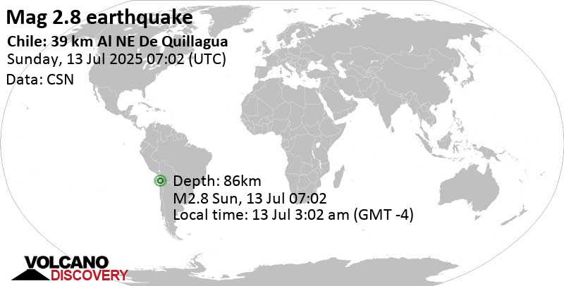 2.8 quake Provincia de Tocopilla, 116 km north of Calama, Provincia de El Loa, Region de Antofagasta, Chile, Jul 13, 2025 03:02 am (GMT -4)