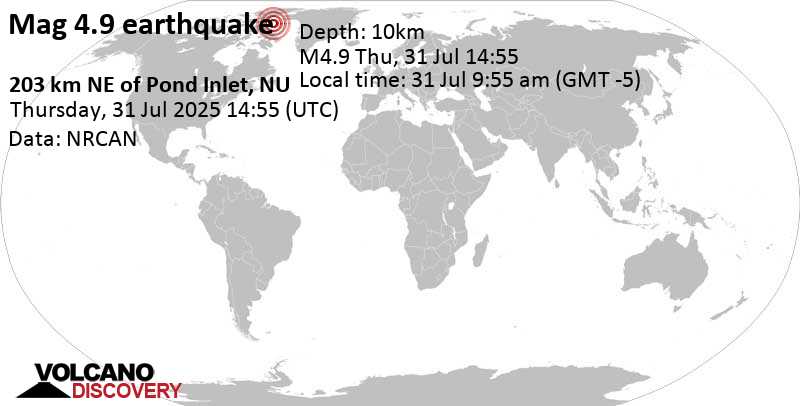 Moderate Mag. 4.9 Earthquake - Baffin Bay, 189 km Northeast of Bylot Island, Nunavut, Canada, on Thursday, Jul 31, 2025, at 09:55 am (GMT -5)
