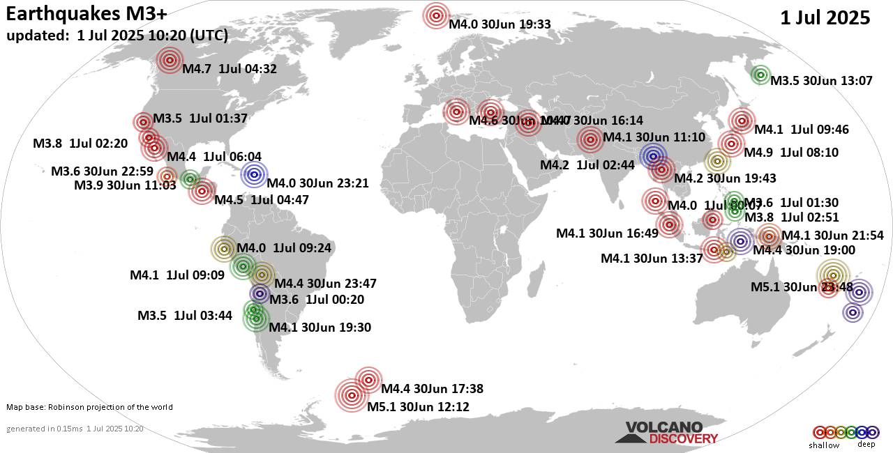 Worldwide earthquakes above magnitude 3 during the past 24 hours on  1 Jul 2025