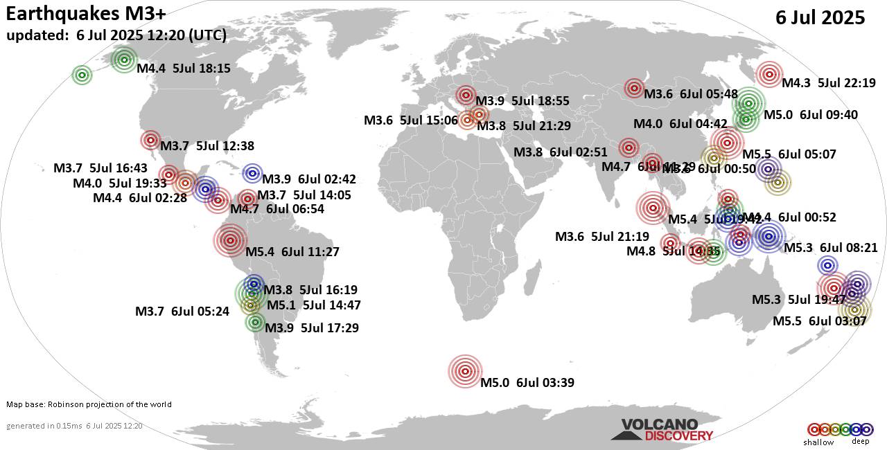 Worldwide earthquakes above magnitude 3 during the past 24 hours on  6 Jul 2025