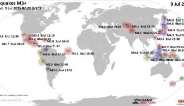 Worldwide earthquakes above magnitude 3 during the past 24 hours on  9 Jul 2025