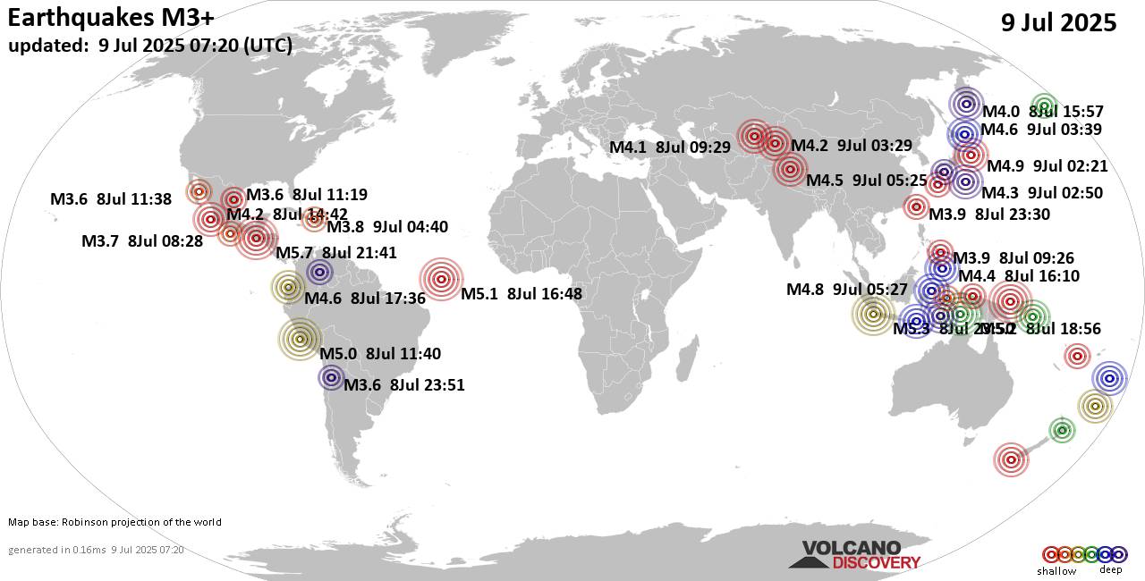 Worldwide earthquakes above magnitude 3 during the past 24 hours on  9 Jul 2025