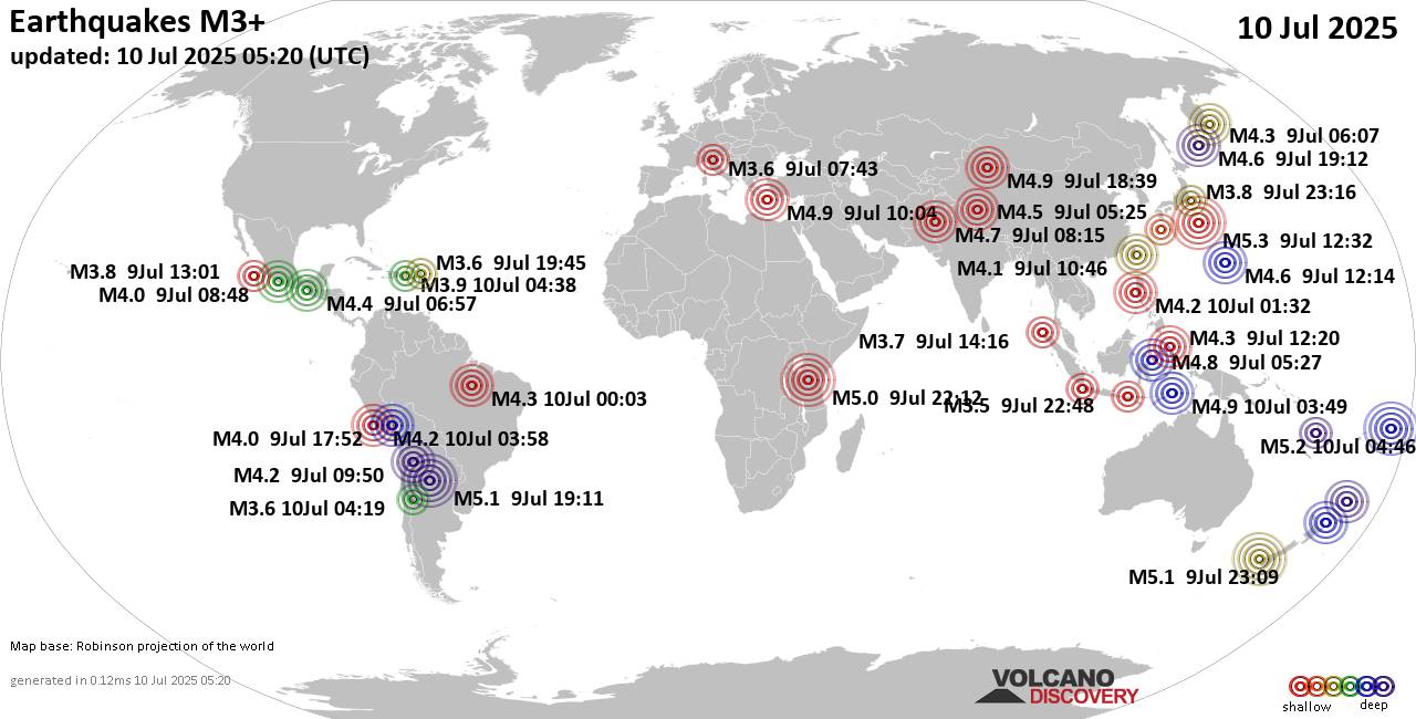 Worldwide earthquakes above magnitude 3 during the past 24 hours on 10 Jul 2025
