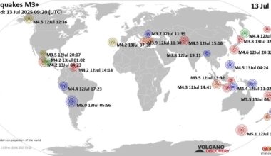 Worldwide earthquakes above magnitude 3 during the past 24 hours on 13 Jul 2025