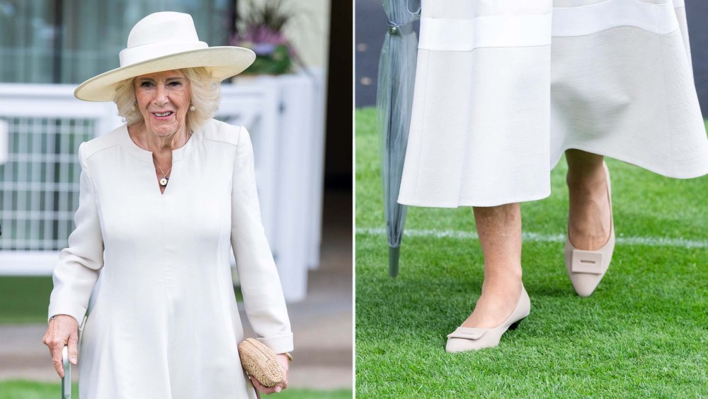 Queen Camilla wearing Eliot Zed Bea Fabric Beige Pumps during King George Racing Weekend on Saturday.