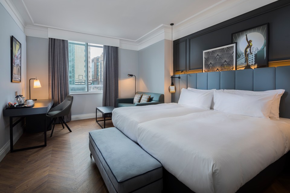 Hotel room with a double bed, desk, and city view.