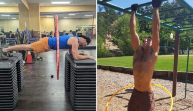 Split image of Reger hula hooping while planking and doing chin ups