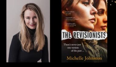Two panels. On the left is a woman in black with long blonde hair. On the right is the cover of a book, The Revisionists, with a profile of two women.