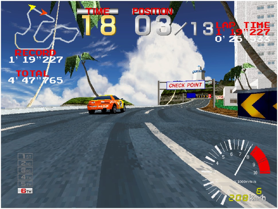 A low-poly screen of colorful racing action in Arcade Archives 2: Ridge Racer