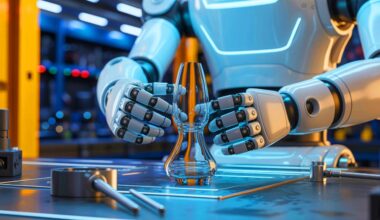 Illustration of robots using a new grip method to mimic human reflexes and prevent slips, generated by artificial intelligence.