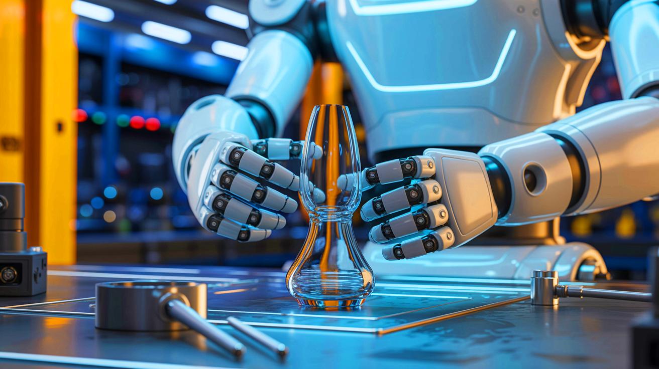 Illustration of robots using a new grip method to mimic human reflexes and prevent slips, generated by artificial intelligence.