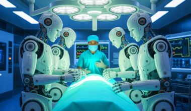 Illustration of humanoid robots performing medical procedures in a hospital setting, generated by artificial intelligence.