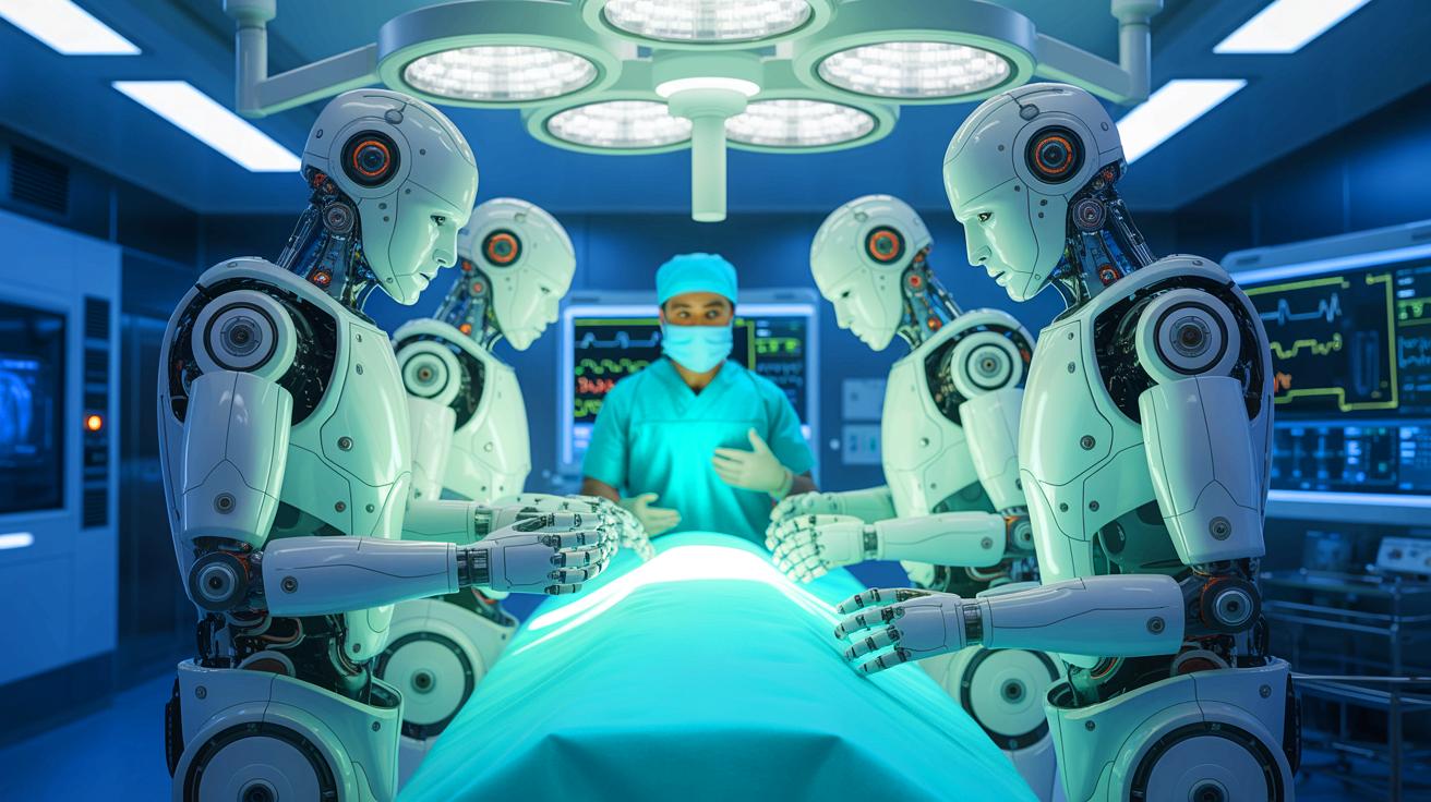 Illustration of humanoid robots performing medical procedures in a hospital setting, generated by artificial intelligence.