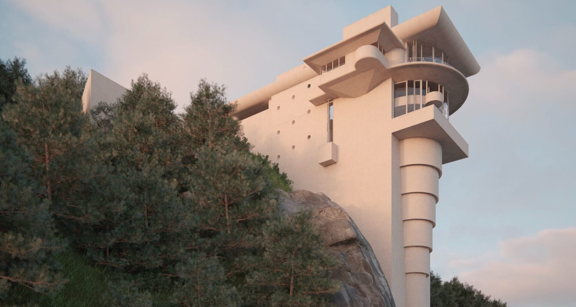 a digital rendering of a futuristic white house on a cliff originally designed by Frank Lloyd Wright