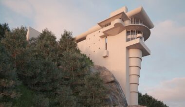 a digital rendering of a futuristic white house on a cliff originally designed by Frank Lloyd Wright