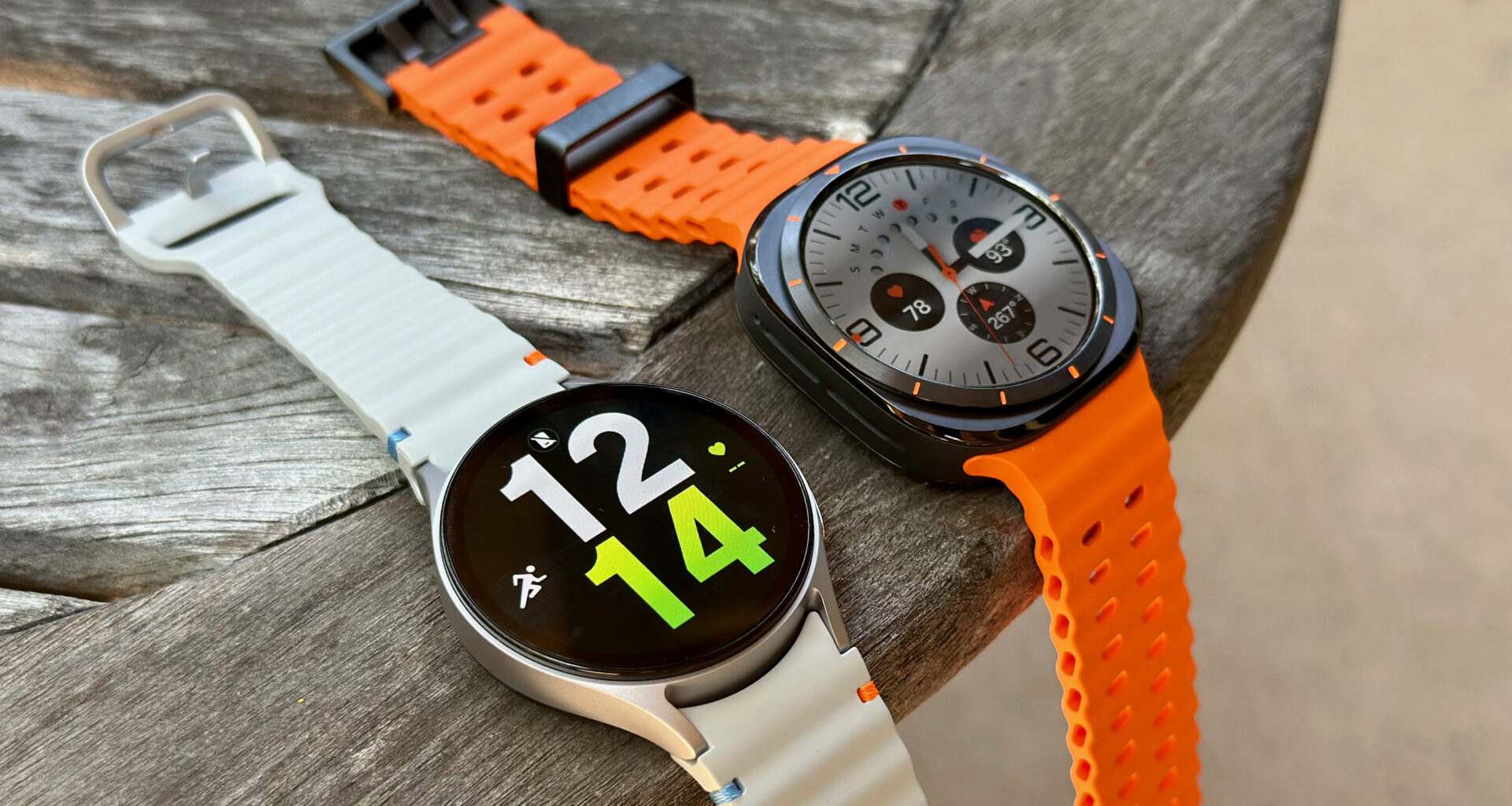 The Samsung Galaxy Watch 7 (left, silver) and Samsung Galaxy Watch Ultra (right, black) side-by-side