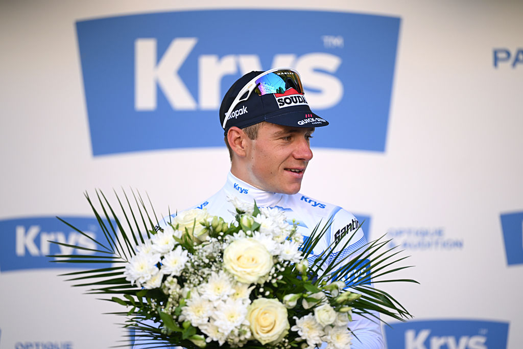 CAEN, FRANCE - JULY 09: Remco Evenepoel of Belgium and Team Soudal Quick-Step celebrates at podium as White best Young Rider Jersey winner during the 112th Tour de France, Stage 5 a 33km individual time trial stage from Caen to Caen / #UCIWT / on July 09, 2025 in Caen, France. (Photo by Dario Belingheri/Getty Images)