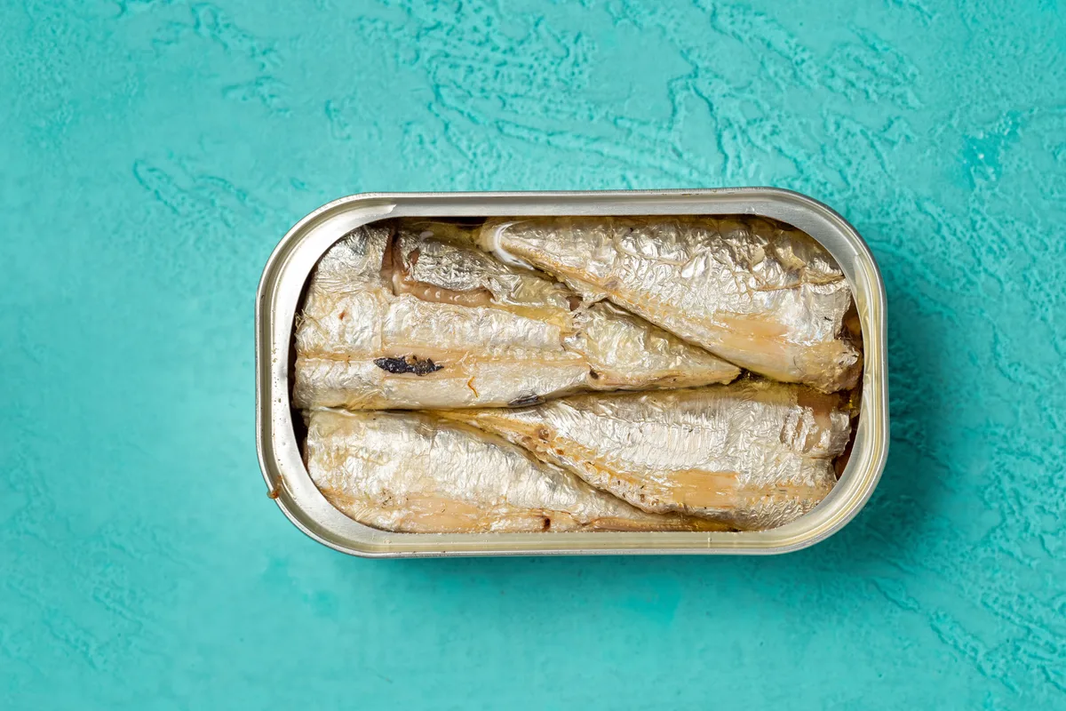 Overhead image of Tin of Sardines on a blue background