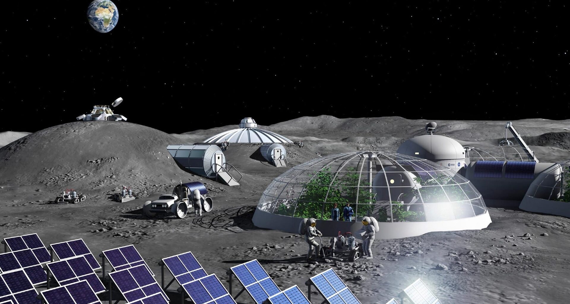astronauts in bulky spacesuits walk on a dusty grey surface alongside arrays of square solar panels and glass domed habitats. earth can be seen in a black, starry sky overhead