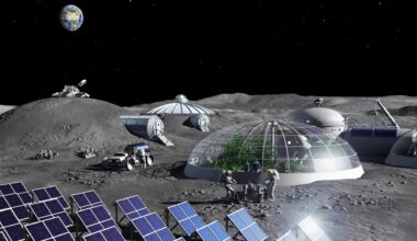 astronauts in bulky spacesuits walk on a dusty grey surface alongside arrays of square solar panels and glass domed habitats. earth can be seen in a black, starry sky overhead