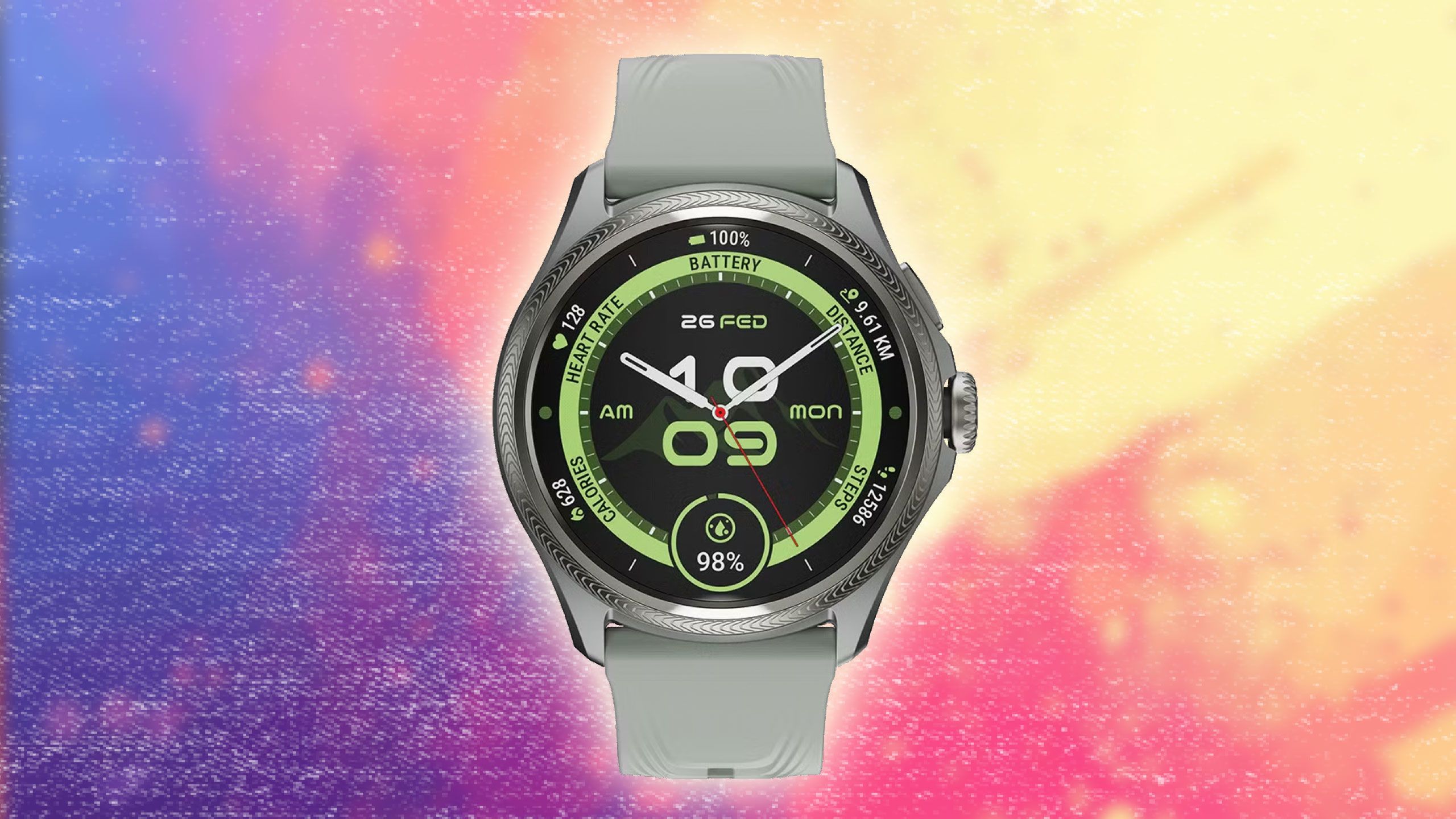 Wear OS smartwatch showing watch face with vibrant background