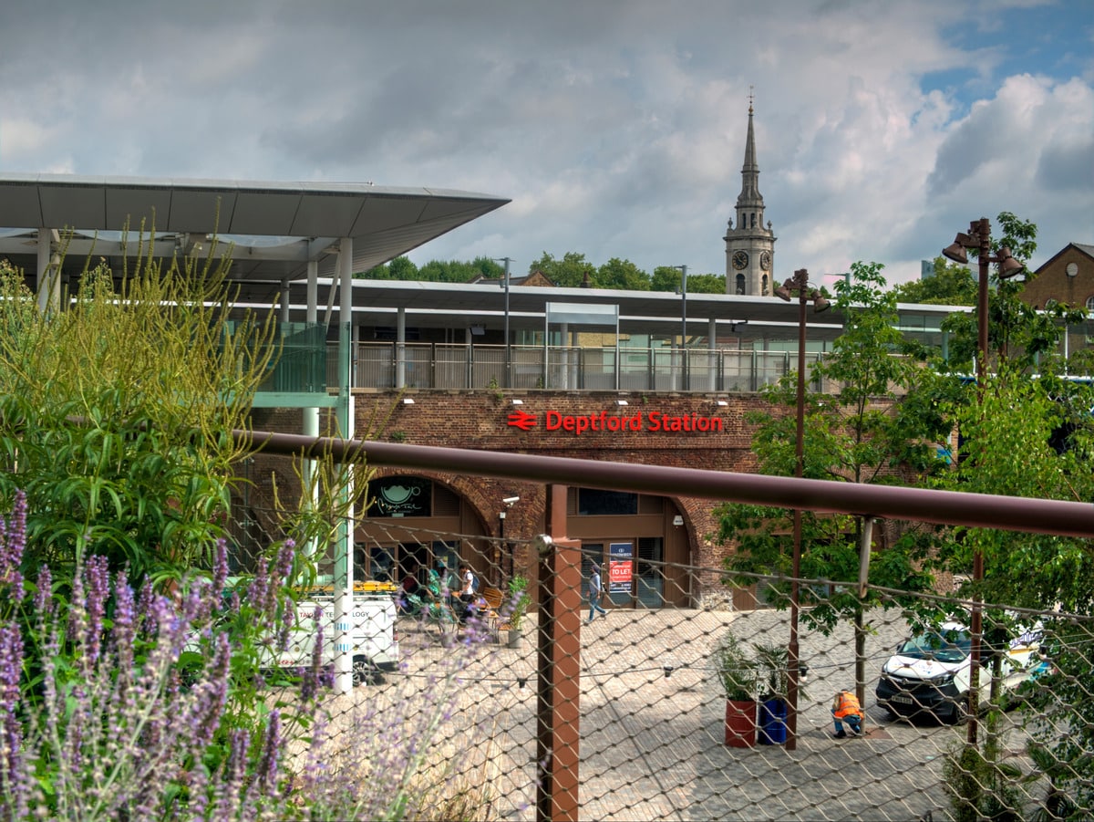 Deptford station with St. Paul's Church in the background and Deptford Market Yard – one of the best things to do in Deptford