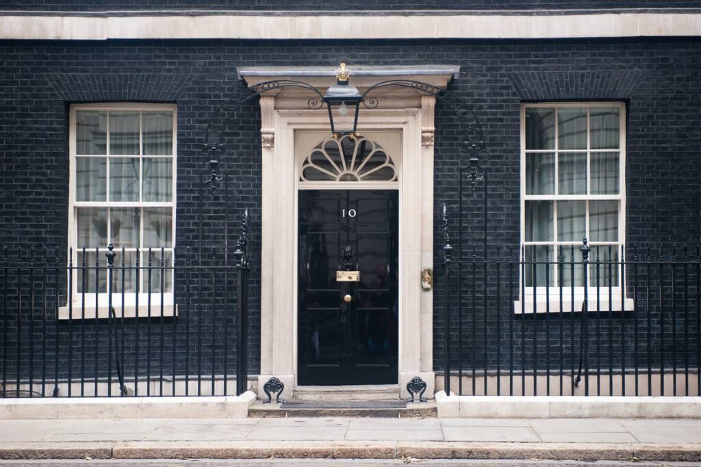 The entrance and iconic front door of 10 Downing Street