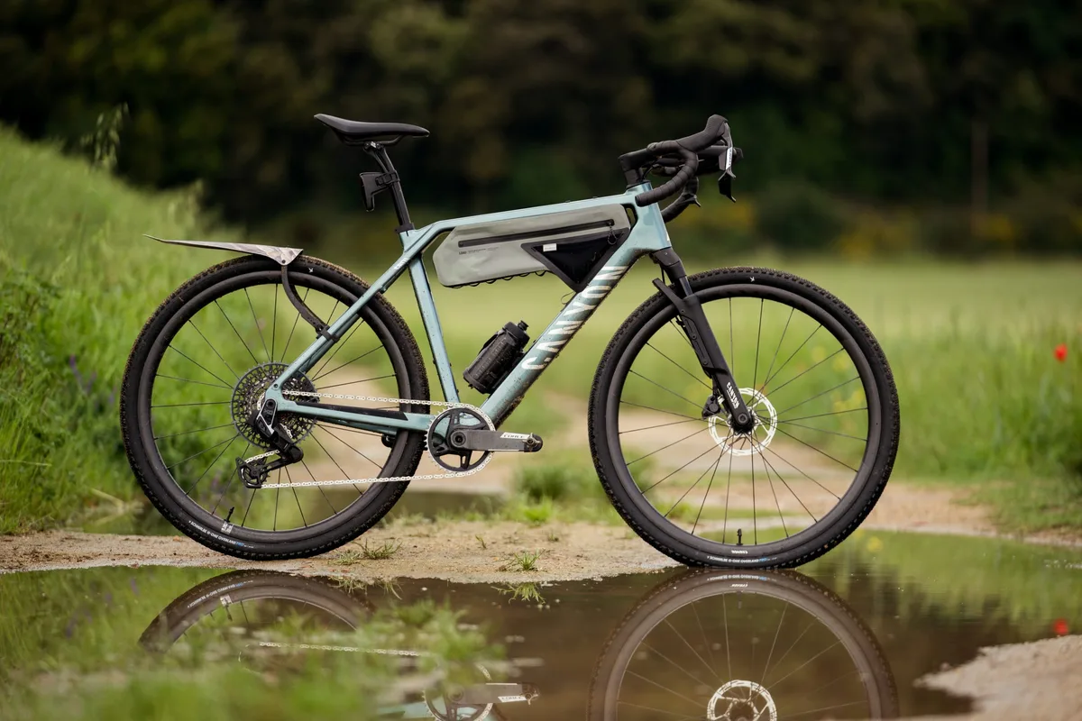 2025 Canyon Grizl next to water.