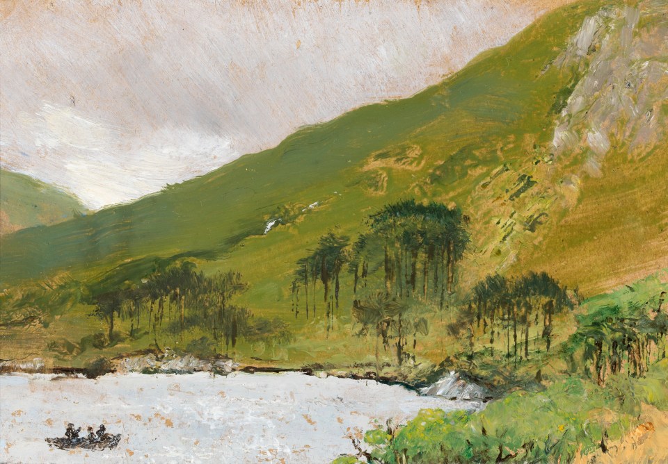 Painting of a river and green hills.