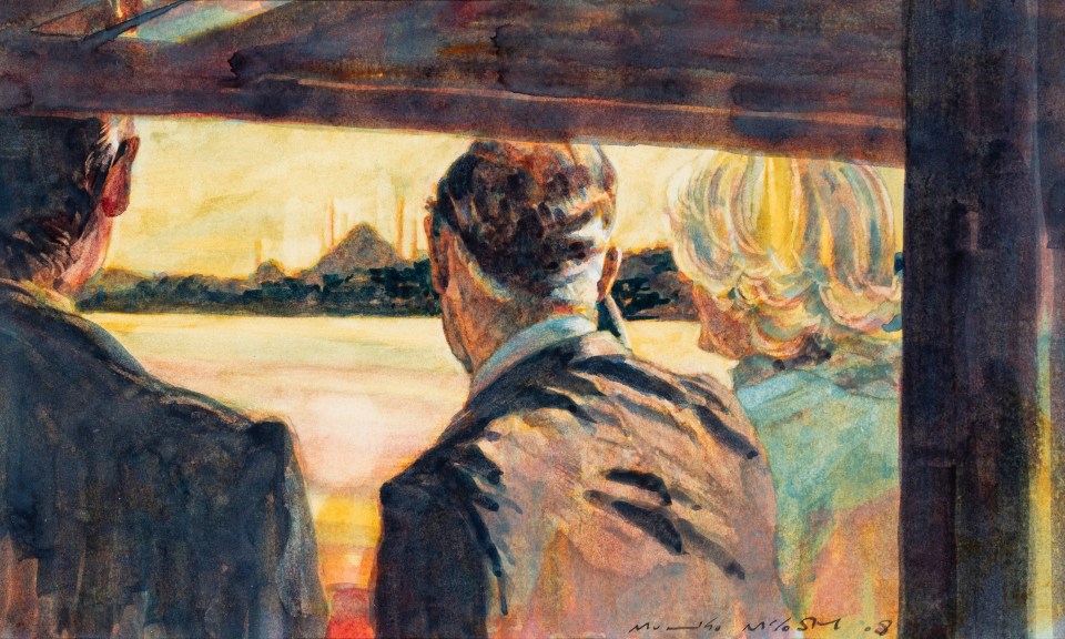 Illustration of people viewing a cityscape at sunset.