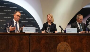 Bank of England governor Andrew Bailey (L) speaks during a news conference. Pic: PA