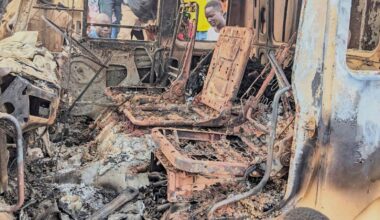 Charred remains of a burned vehicle following a deadly attack in Komanda, Ituri province of eastern Congo. Pic: AP/Olivier Okande/UGC