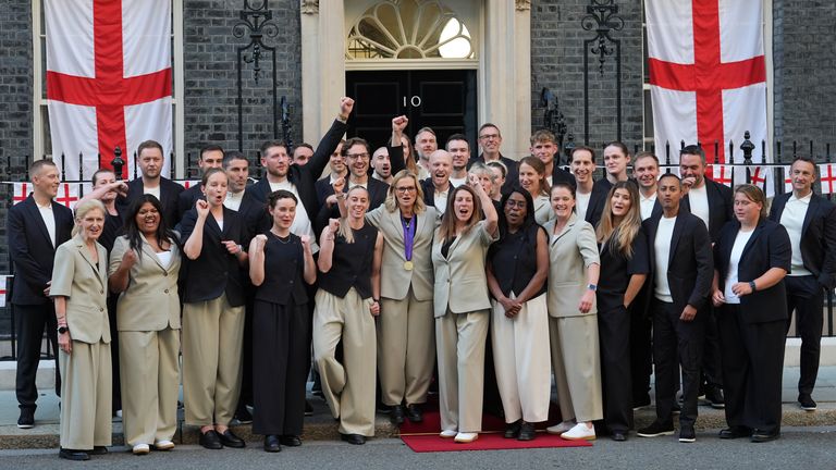 England women's football team pose for a photo in Downing Street, London, as they attend a reception at No 10, Pic: PA 