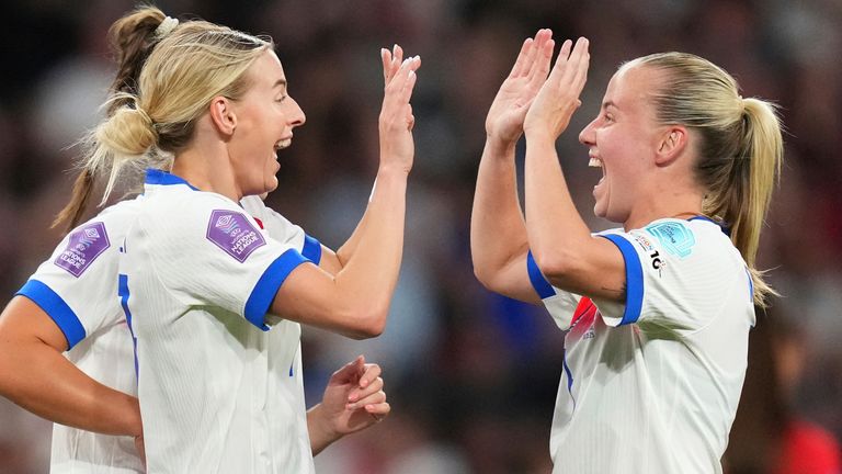 Chloe Kelly celebrates with Beth Mead, right, after scoring her side's sixth goal at Wembley Stadium, in London, Friday, May 30, 2025. AP