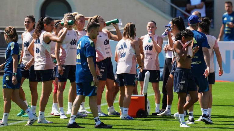 Players take a drink during a training session of Spain soccer team at the Euro 2025, in Lausanne, Switzerland Tuesday, July 1, 2025 Pic: AP
