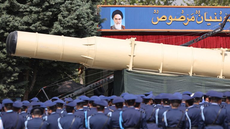 An Iranian missile is seen during April's National Army Day parade ceremony in Tehran. Pic: Reuters