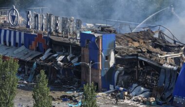 A fire engulfed a shopping centre in the city of Kamianske in the Dnipro region. Pic: Reuters