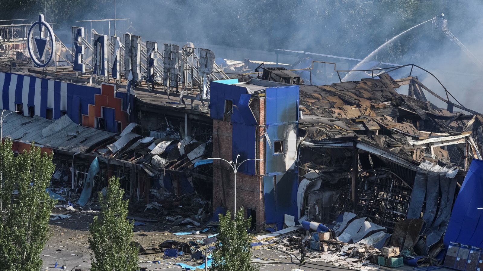 A fire engulfed a shopping centre in the city of Kamianske in the Dnipro region. Pic: Reuters