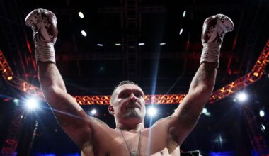 Oleksandr Usyk celebrates after knocking down Daniel Dubois. Pic: PA