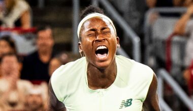 Coco Gauff of the USA celebrates after defeating Danielle Collins