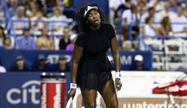 Venus Williams reacts during a match against Magdalena Frech, of Poland, at the Citi Open tennis tournament Thursday, July 24, 2025, in Washington. (AP Photo/Nick Wass)