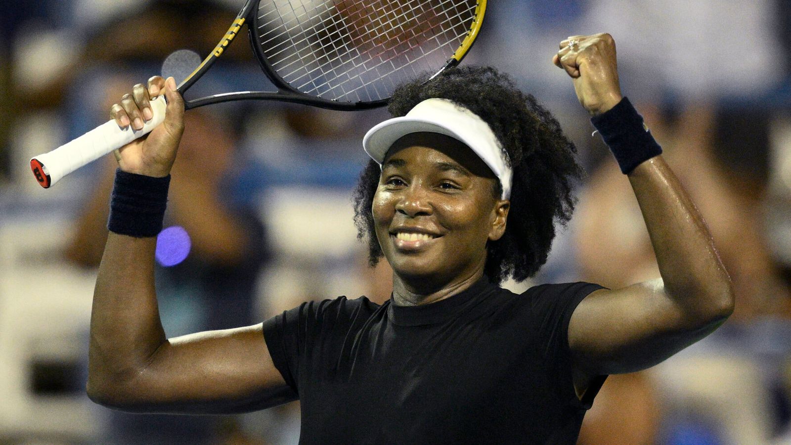 Venus Williams celebrates her win over Peyton Stearns during a match at the Citi Open tennis tournament Tuesday, July 22, 2025, in Washington. (AP Photo/Nick Wass)